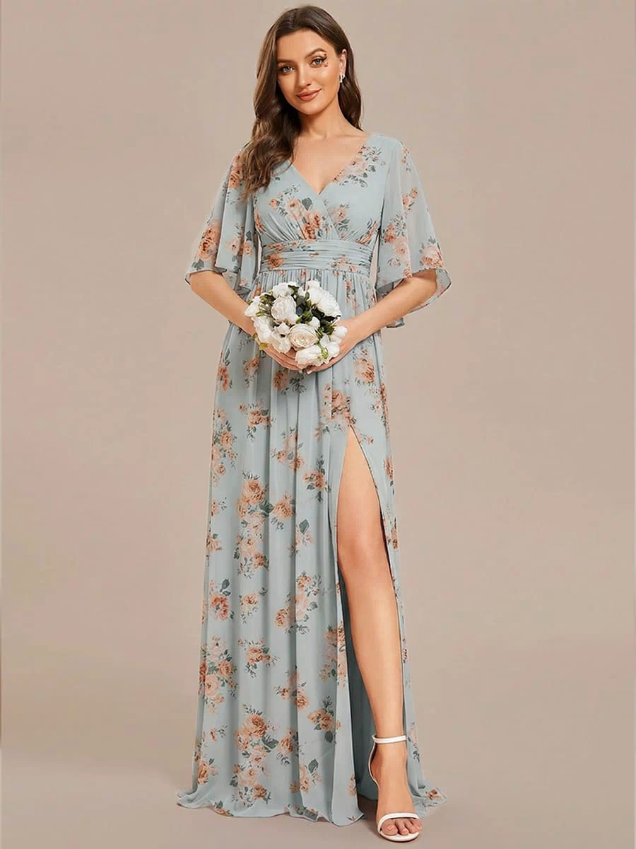 Chiffon A-Line Half Sleeves High Slit Bridesmaid Dress #color_Amber Bloom