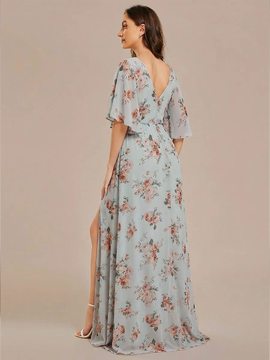 Chiffon A-Line Half Sleeves High Slit Bridesmaid Dress #color_Amber Bloom