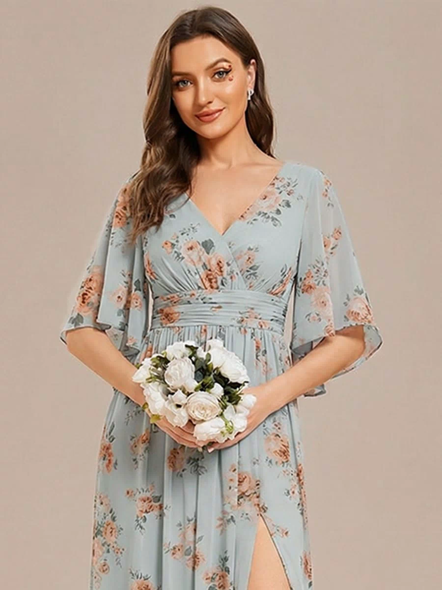 Chiffon A-Line Half Sleeves High Slit Bridesmaid Dress #color_Amber Bloom