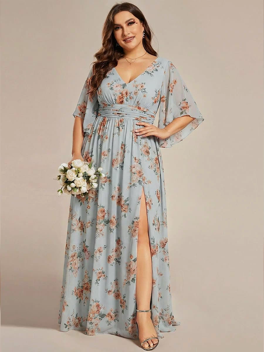 Chiffon A-Line Half Sleeves High Slit Bridesmaid Dress #color_Amber Bloom