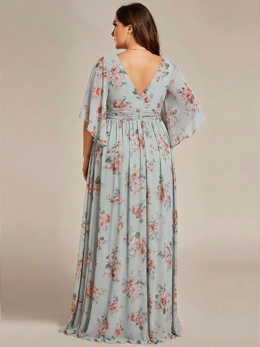 Chiffon A-Line Half Sleeves High Slit Bridesmaid Dress #color_Amber Bloom