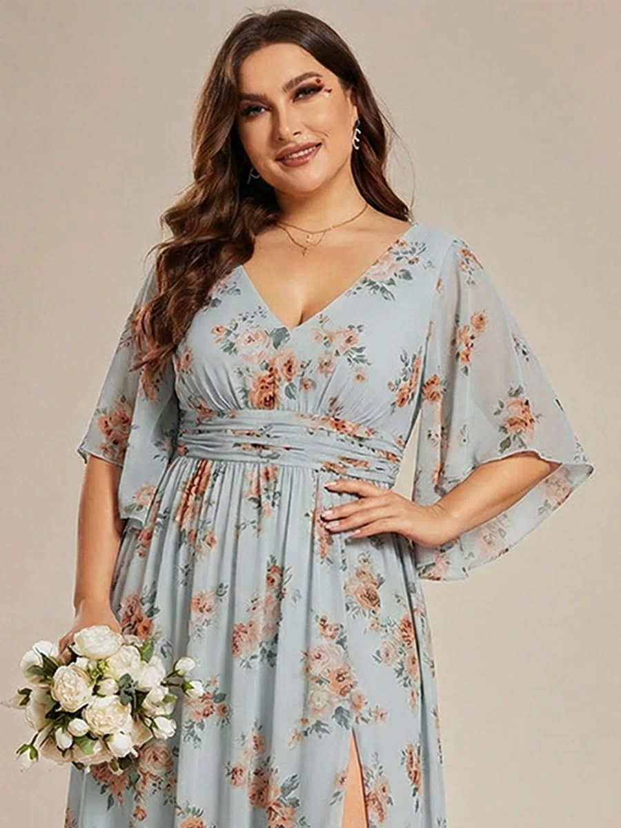 Chiffon A-Line Half Sleeves High Slit Bridesmaid Dress #color_Amber Bloom