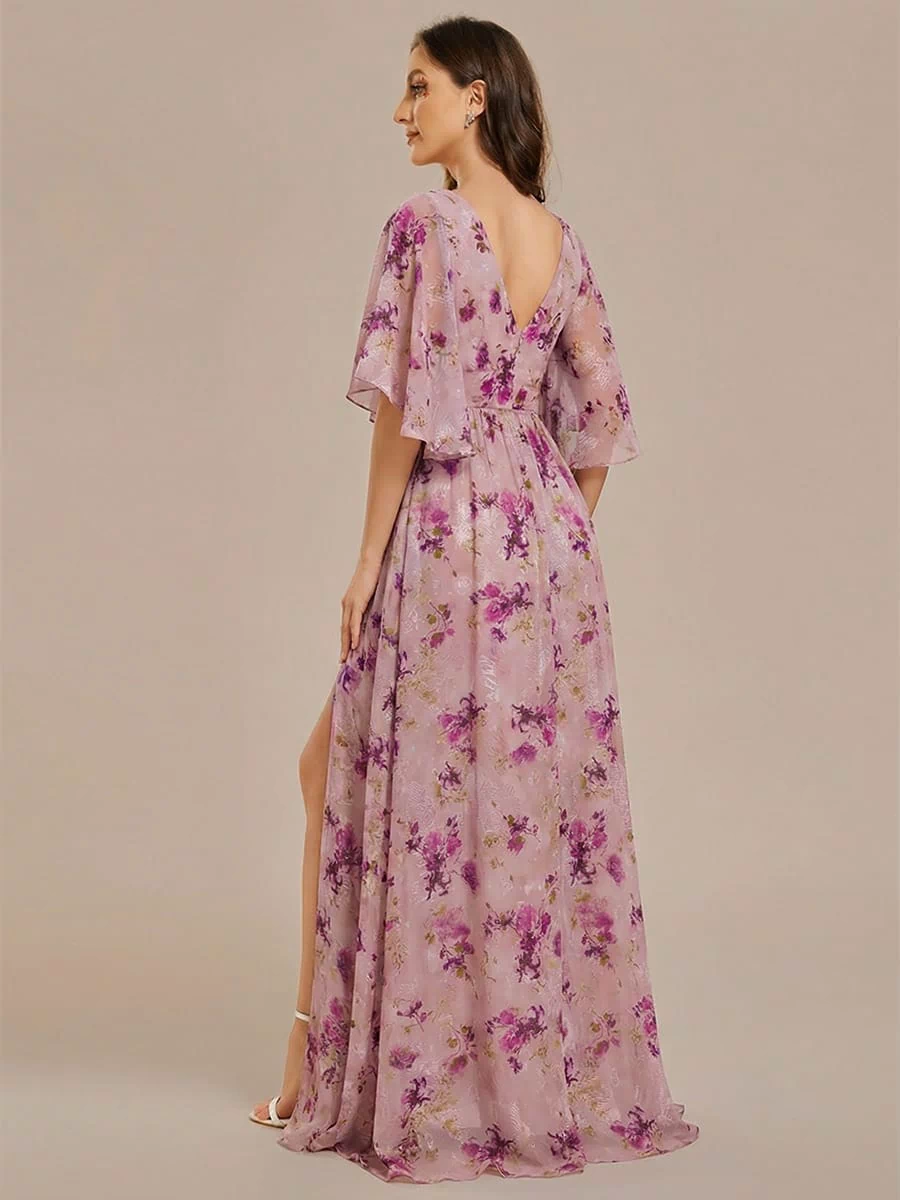 Chiffon A-Line Half Sleeves High Slit Bridesmaid Dress #color_Light Purple Print