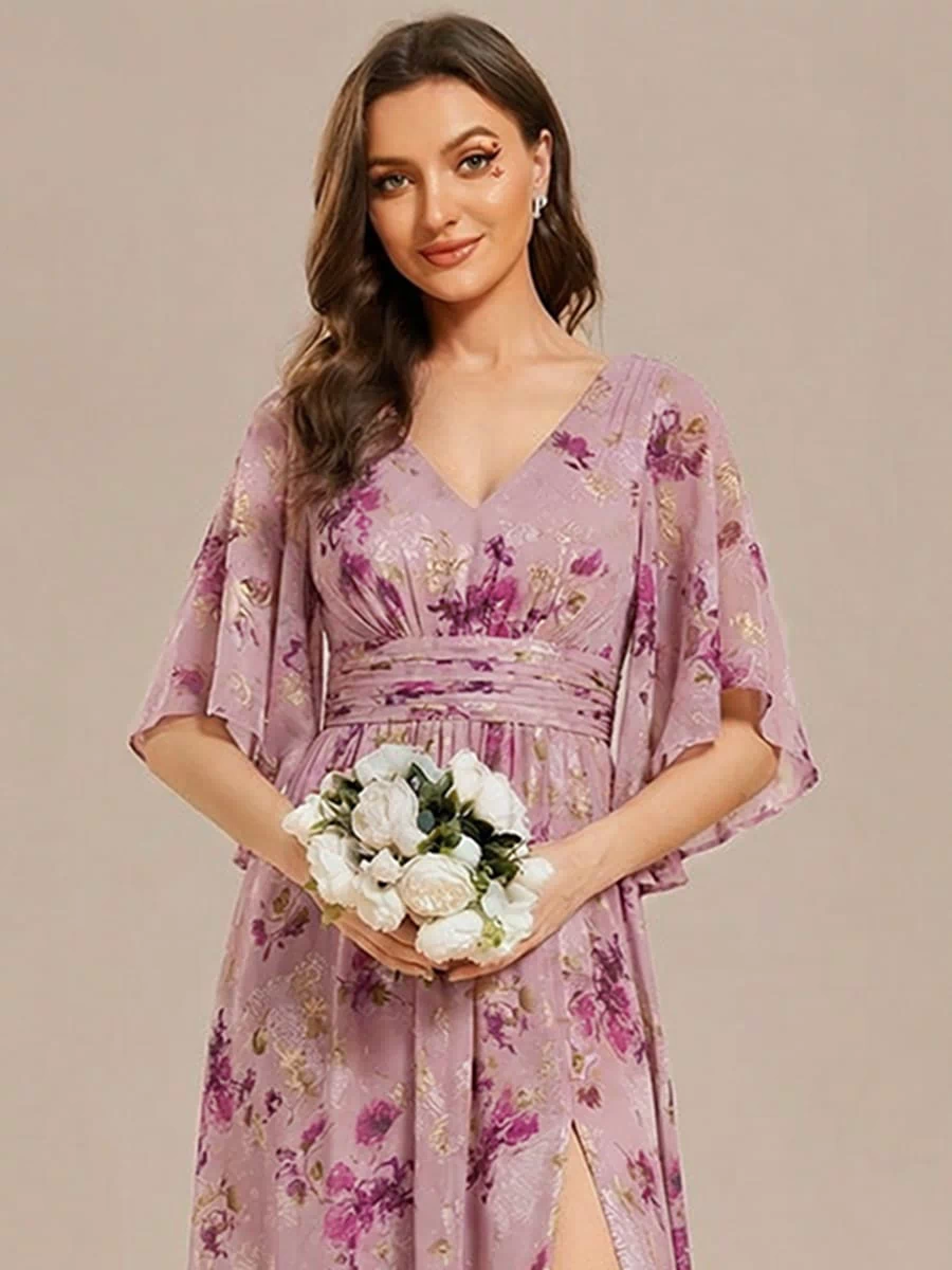 Chiffon A-Line Half Sleeves High Slit Bridesmaid Dress #color_Light Purple Print