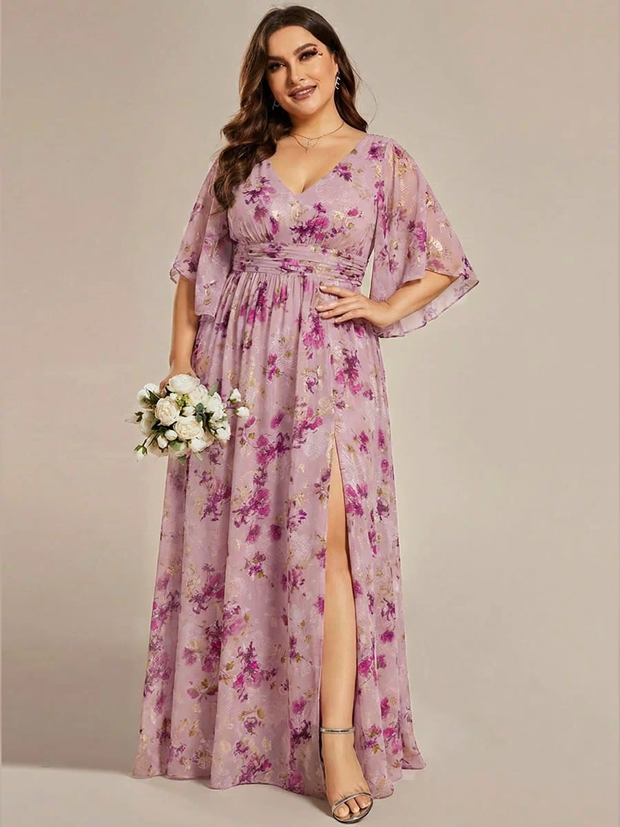 Chiffon A-Line Half Sleeves High Slit Bridesmaid Dress #color_Light Purple Print