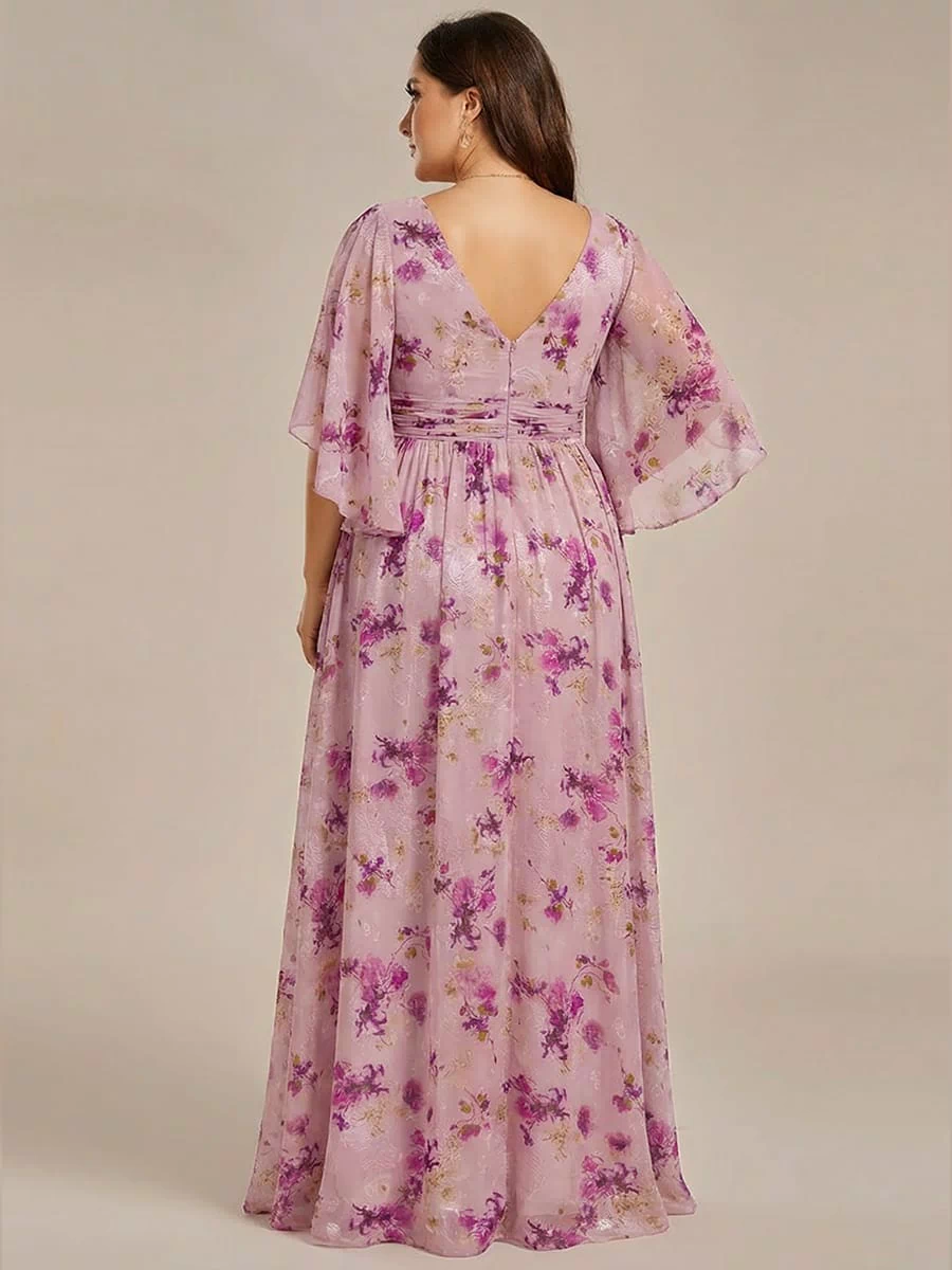 Chiffon A-Line Half Sleeves High Slit Bridesmaid Dress #color_Light Purple Print