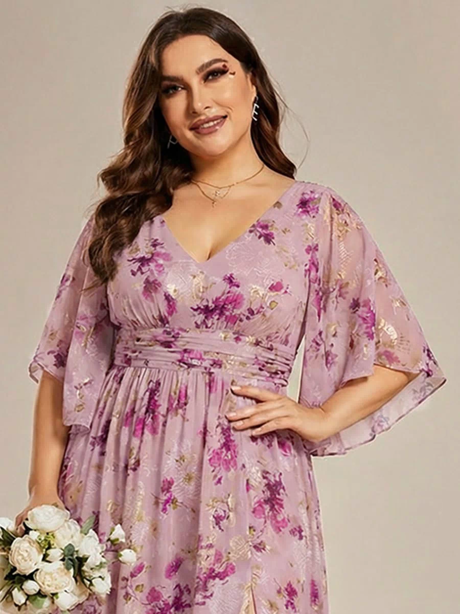 Chiffon A-Line Half Sleeves High Slit Bridesmaid Dress #color_Light Purple Print
