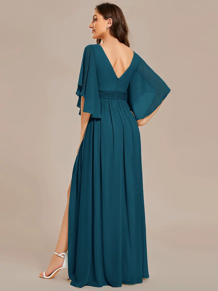 Chiffon A-Line Half Sleeves High Slit Bridesmaid Dress #color_Teal Blue