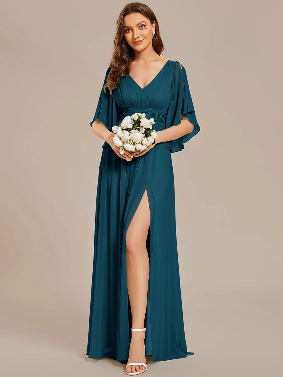 Chiffon A-Line Half Sleeves High Slit Bridesmaid Dress #color_Teal Blue