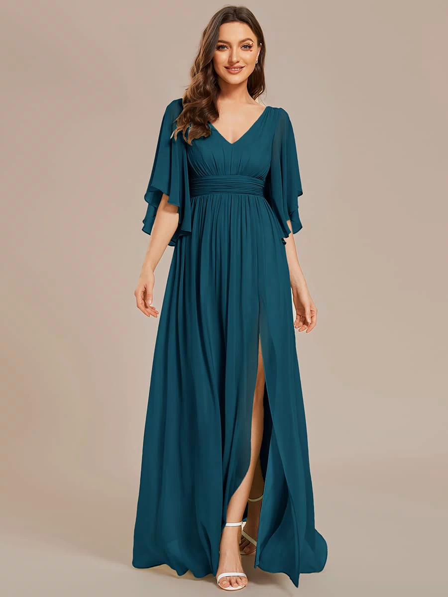 Chiffon A-Line Half Sleeves High Slit Bridesmaid Dress #color_Teal Blue