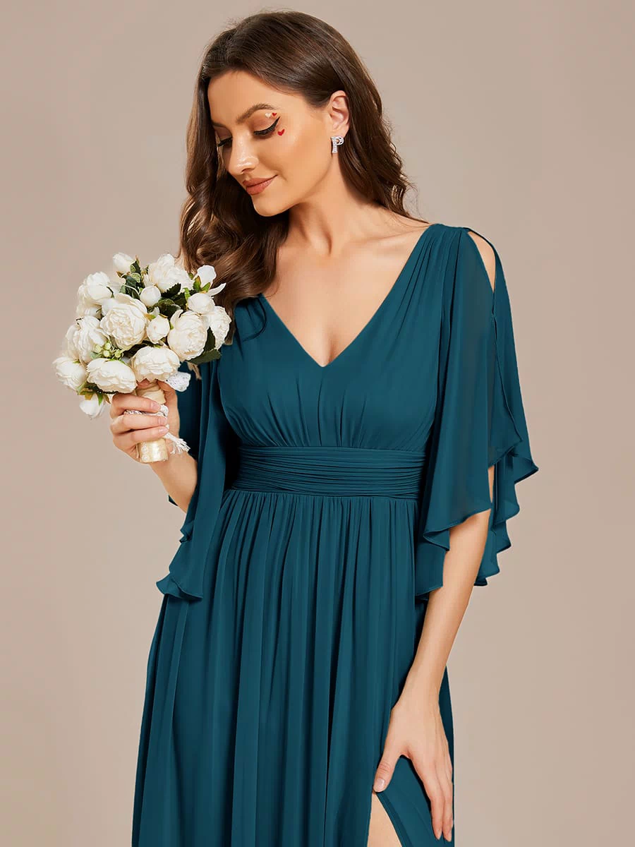 Chiffon A-Line Half Sleeves High Slit Bridesmaid Dress #color_Teal Blue