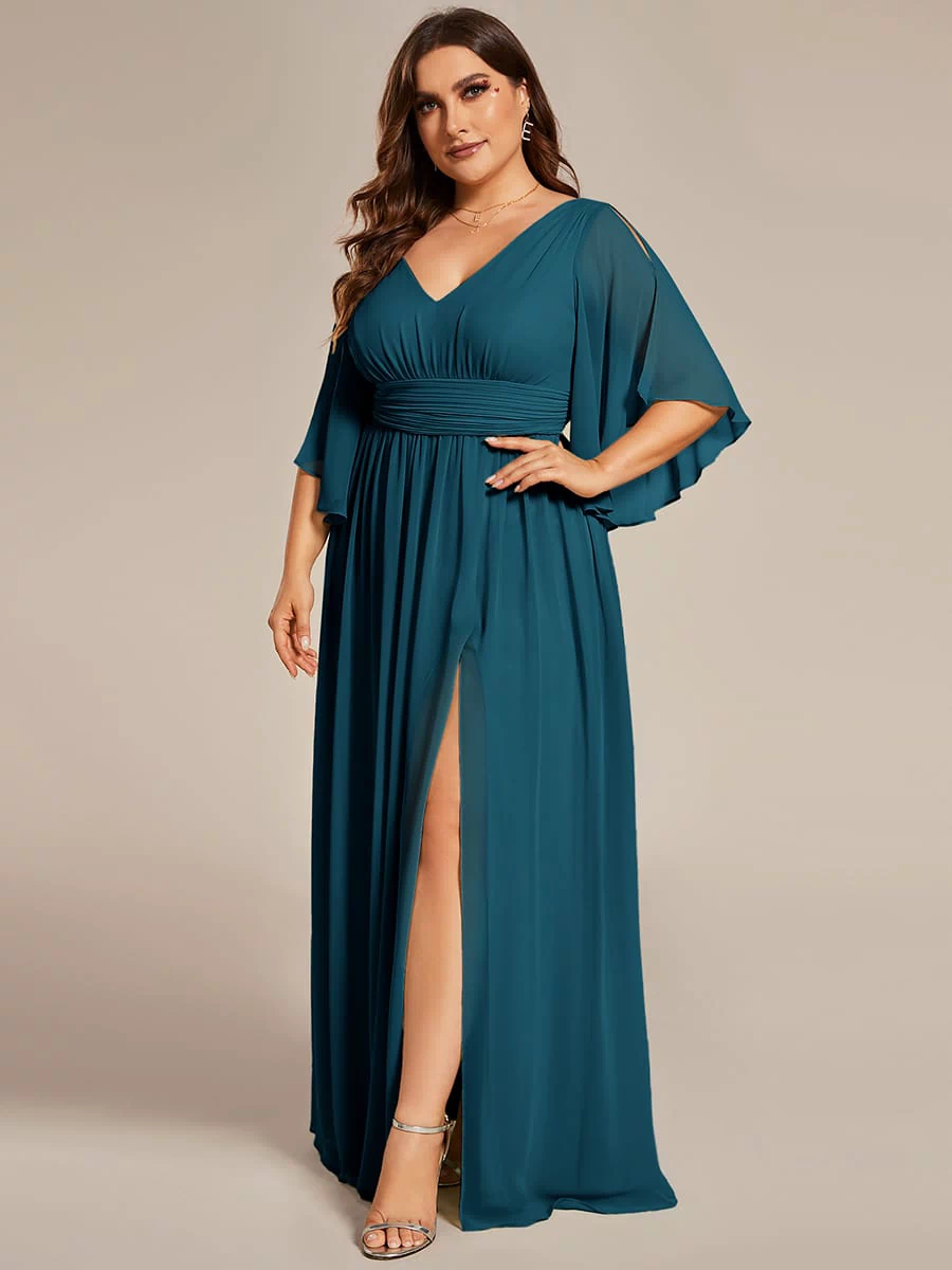 Chiffon A-Line Half Sleeves High Slit Bridesmaid Dress #color_Teal Blue