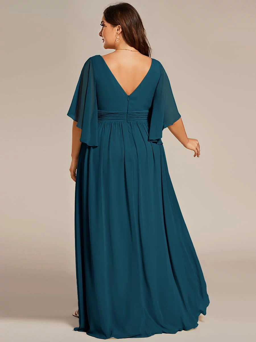 Chiffon A-Line Half Sleeves High Slit Bridesmaid Dress #color_Teal Blue
