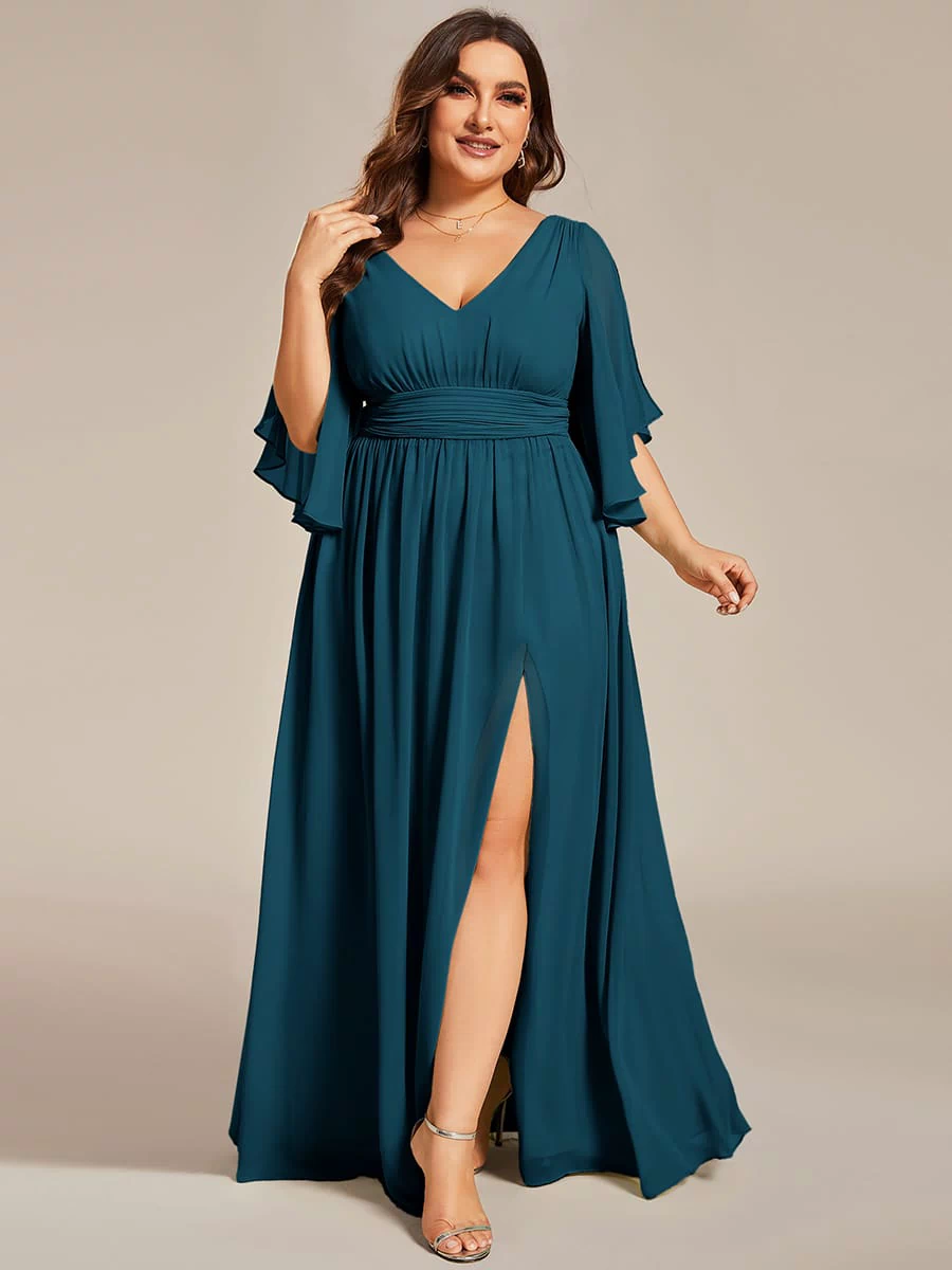 Chiffon A-Line Half Sleeves High Slit Bridesmaid Dress #color_Teal Blue