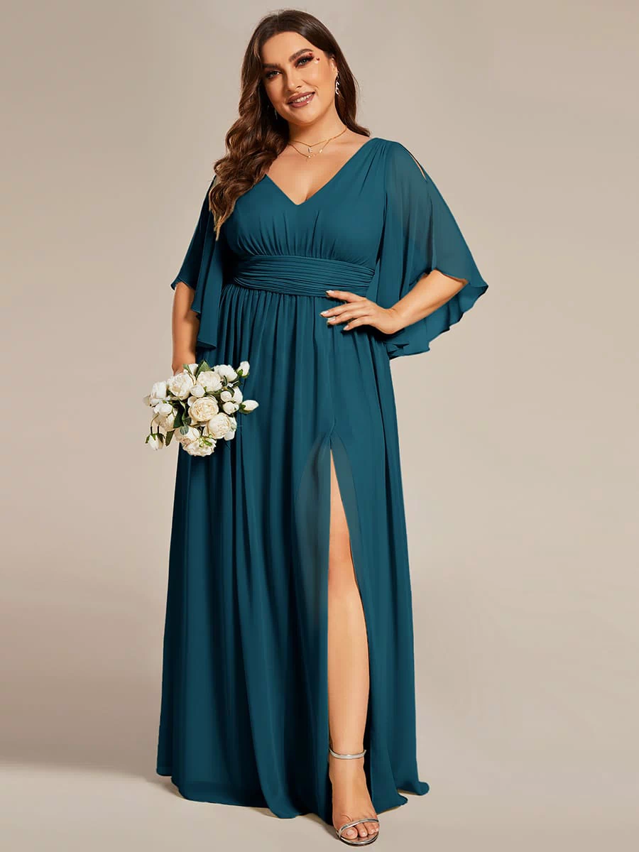 Chiffon A-Line Half Sleeves High Slit Bridesmaid Dress #color_Teal Blue