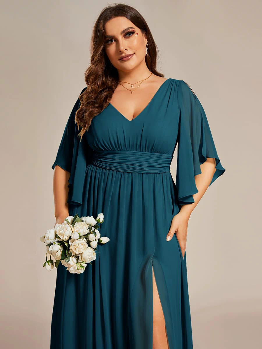 Chiffon A-Line Half Sleeves High Slit Bridesmaid Dress #color_Teal Blue