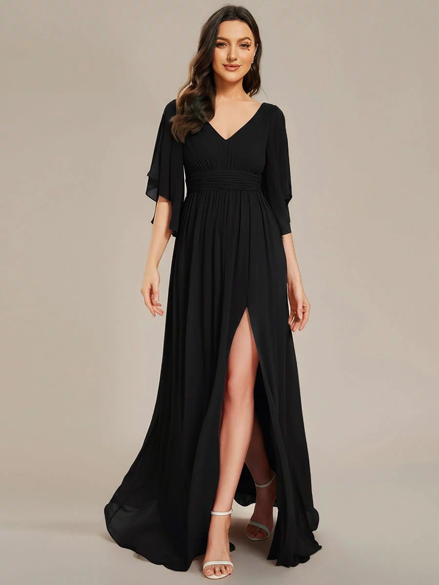 Chiffon A-Line Half Sleeves High Slit Bridesmaid Dress #color_Black
