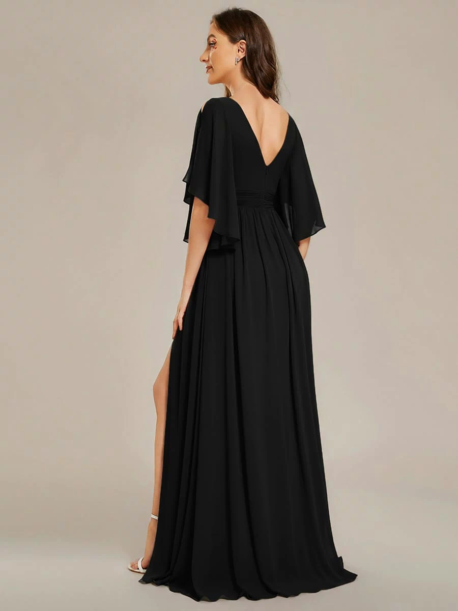 Chiffon A-Line Half Sleeves High Slit Bridesmaid Dress #color_Black