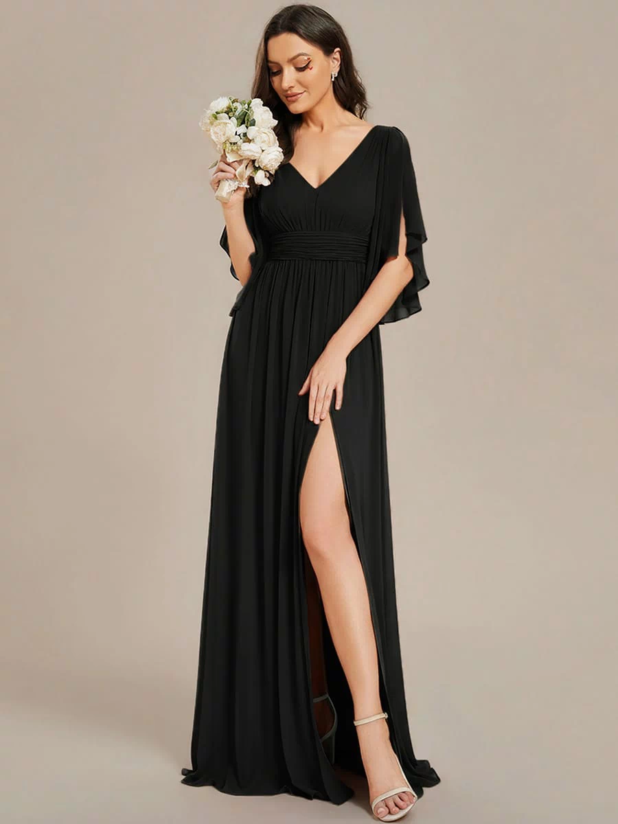 Chiffon A-Line Half Sleeves High Slit Bridesmaid Dress #color_Black