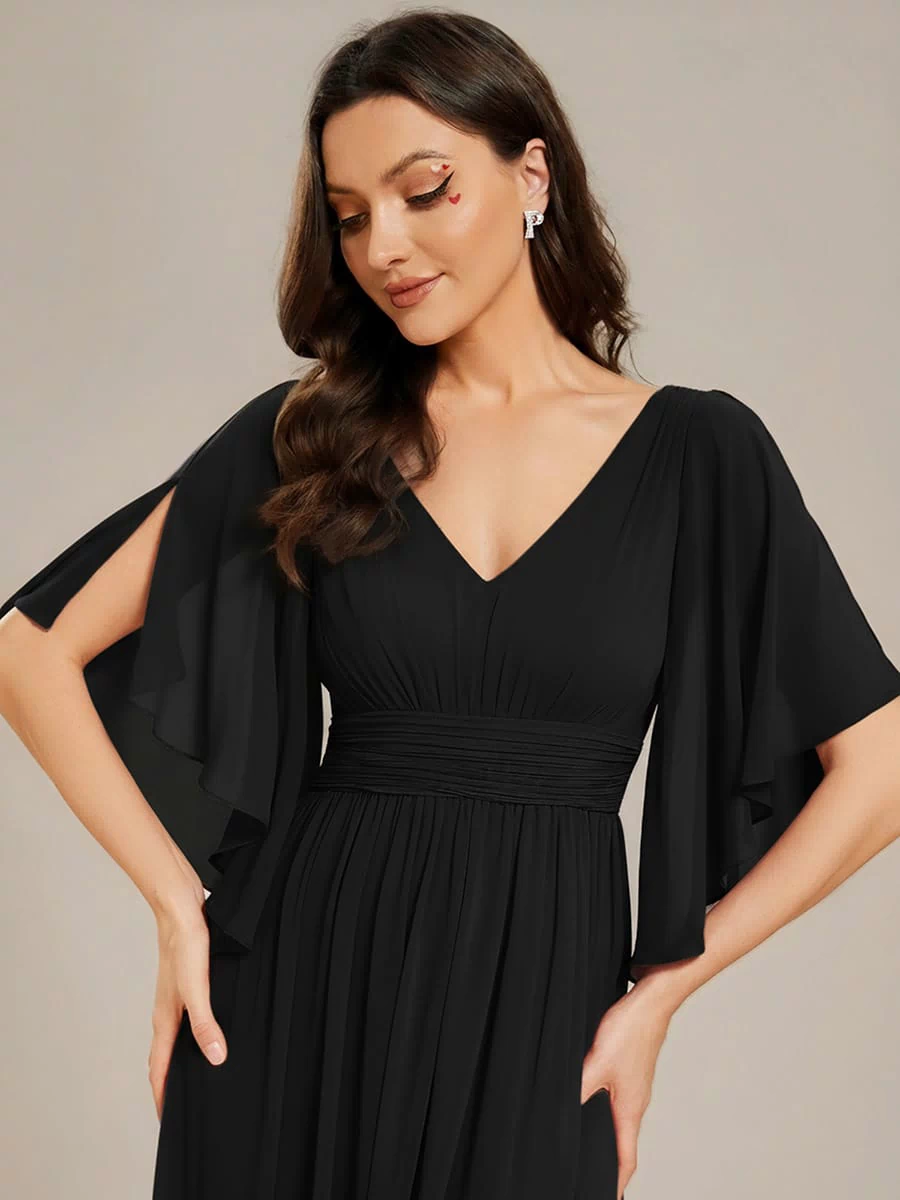 Chiffon A-Line Half Sleeves High Slit Bridesmaid Dress #color_Black