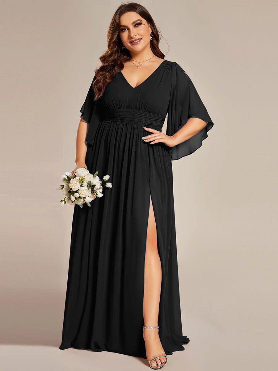 Chiffon A-Line Half Sleeves High Slit Bridesmaid Dress #color_Black
