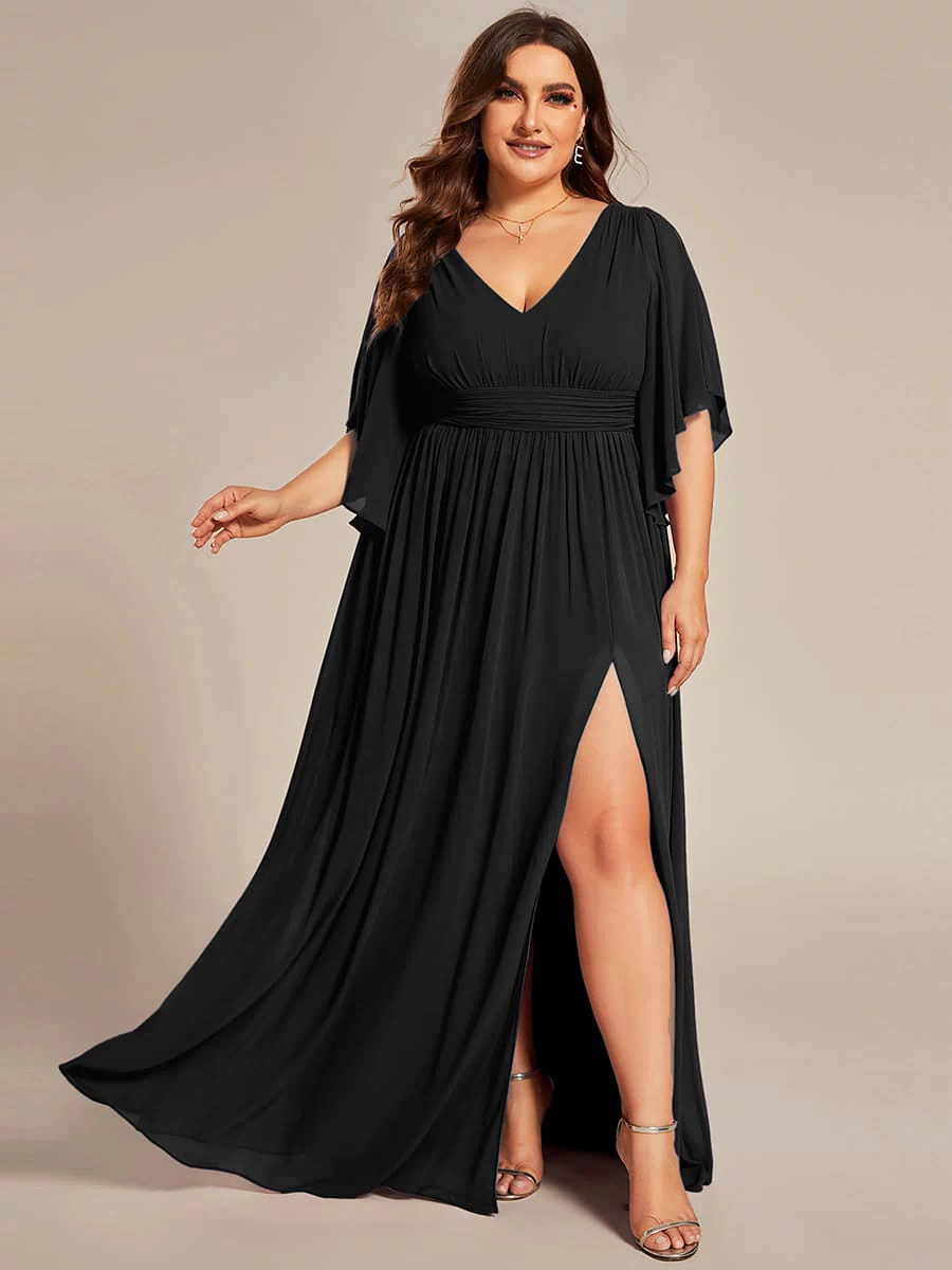 Chiffon A-Line Half Sleeves High Slit Bridesmaid Dress #color_Black