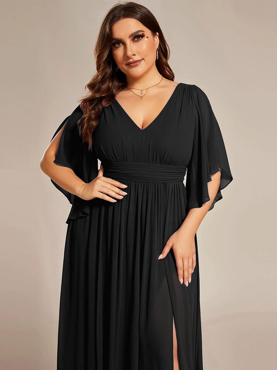 Chiffon A-Line Half Sleeves High Slit Bridesmaid Dress #color_Black