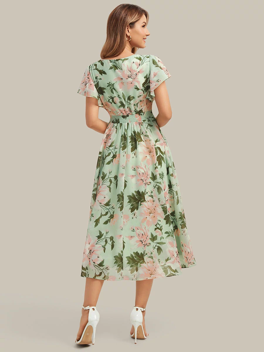 Chiffon Ruffle Sleeve A-Line Wedding Guest Dress #color_Light Green Floral