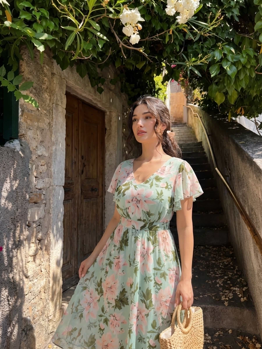 Chiffon Ruffle Sleeve A-Line Wedding Guest Dress #color_Light Green Floral