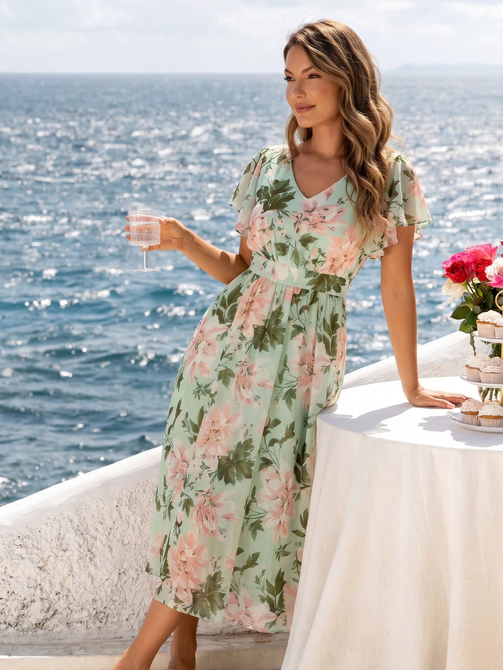 Chiffon Ruffle Sleeve A-Line Wedding Guest Dress #color_Light Green Floral
