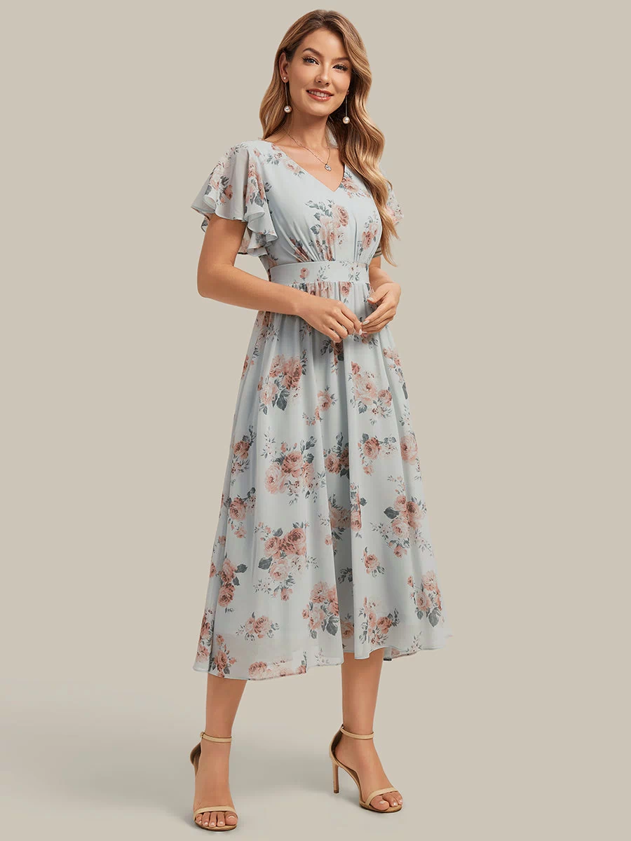 Chiffon Ruffle Sleeve A-Line Wedding Guest Dress #color_Amber Bloom