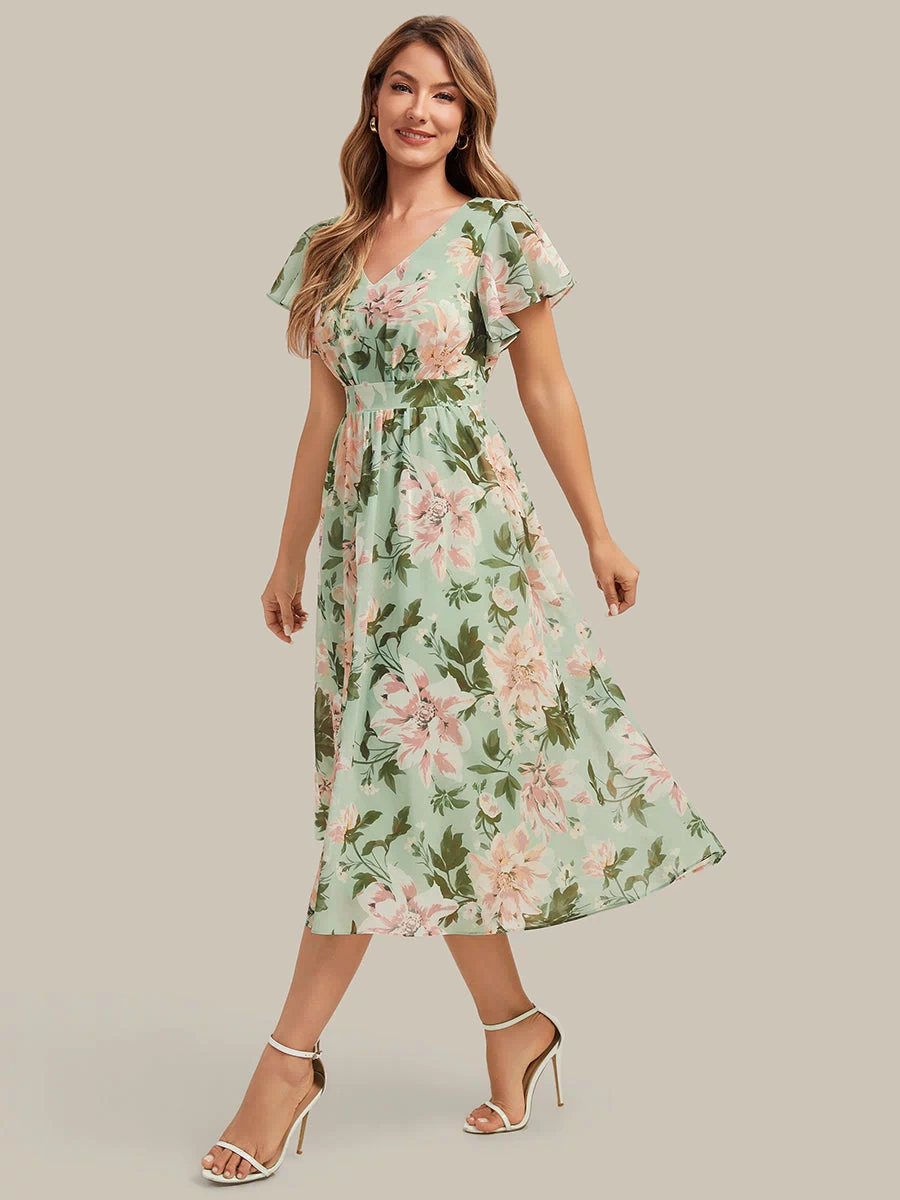 Chiffon Ruffle Sleeve A-Line Wedding Guest Dress #color_Light Green Floral