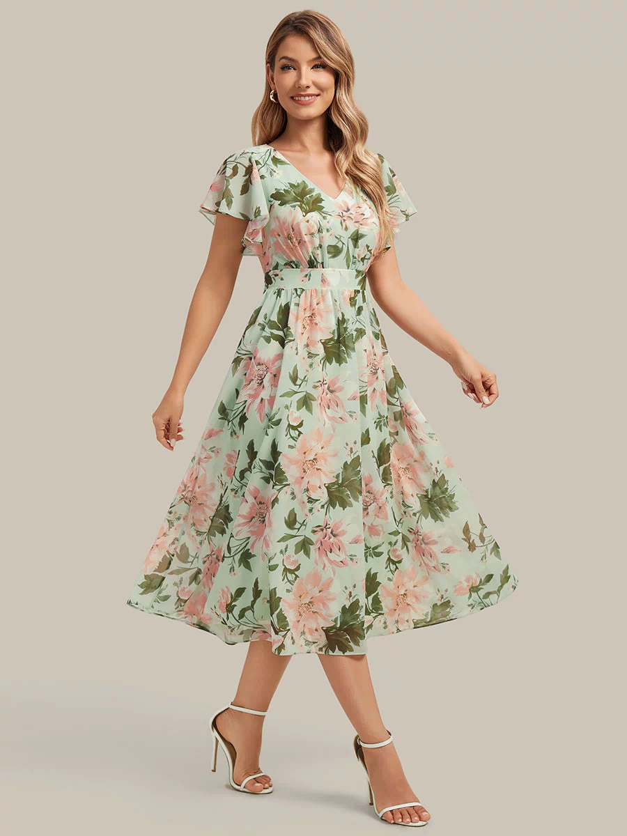 Chiffon Ruffle Sleeve A-Line Wedding Guest Dress #color_Light Green Floral