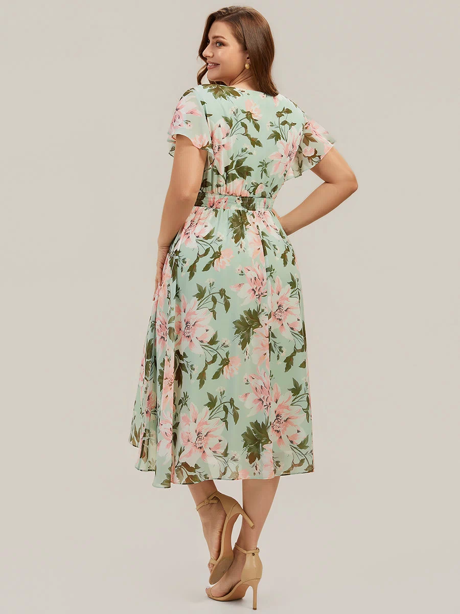 Chiffon Ruffle Sleeve A-Line Wedding Guest Dress #color_Light Green Floral