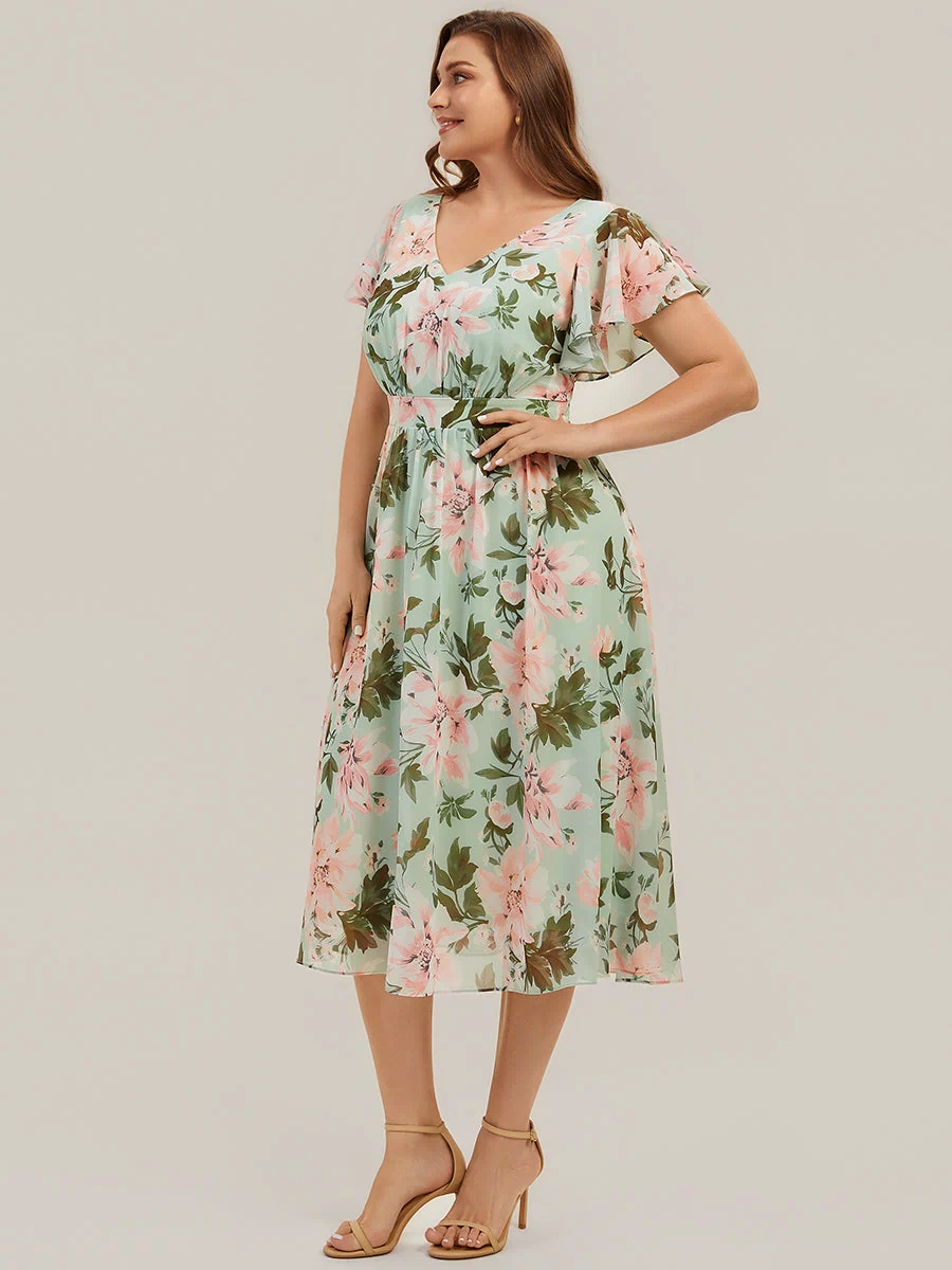 Chiffon Ruffle Sleeve A-Line Wedding Guest Dress #color_Light Green Floral