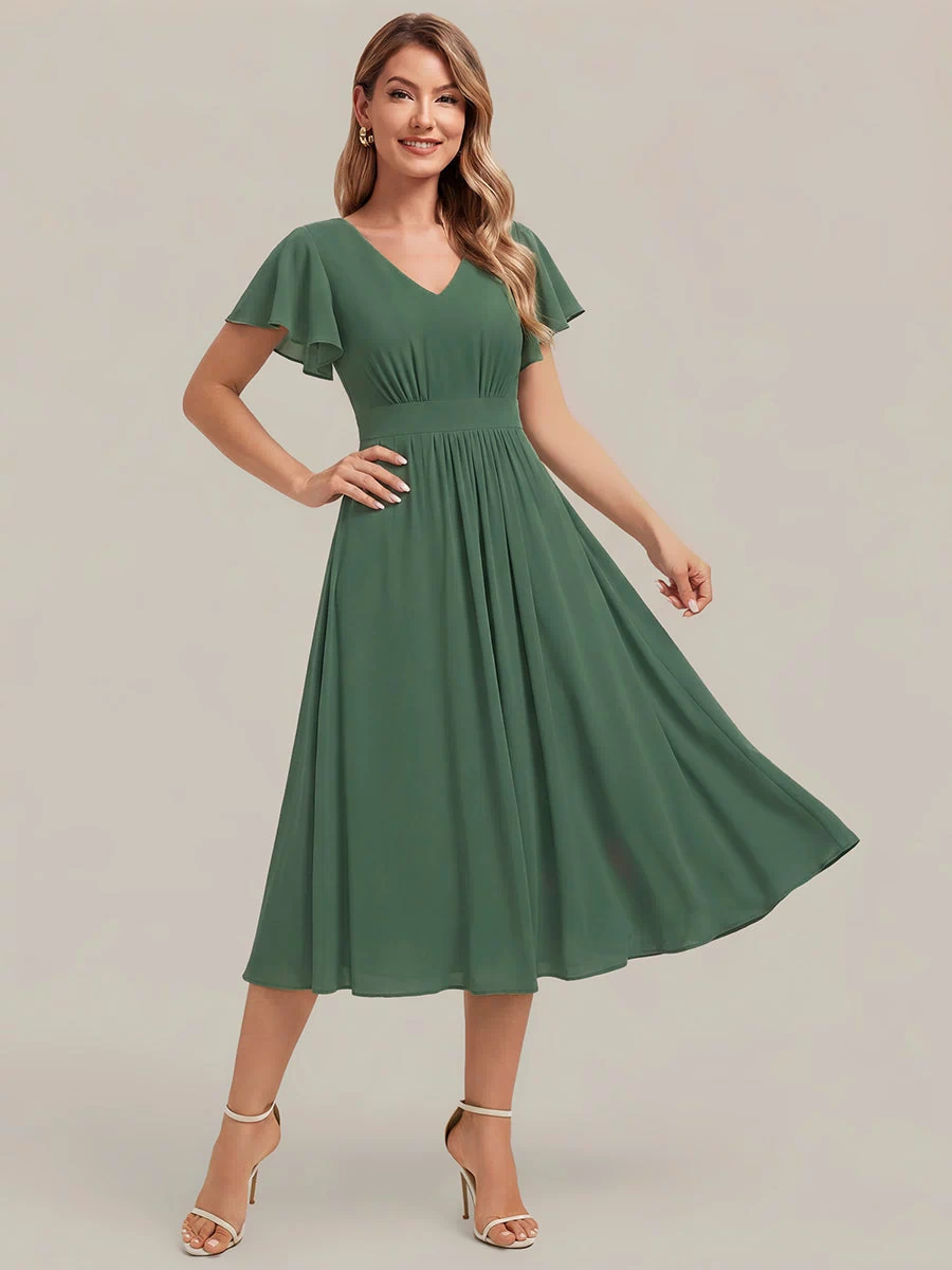 Chiffon Ruffle Sleeve A-Line Wedding Guest Dress #color_Eucalyptus
