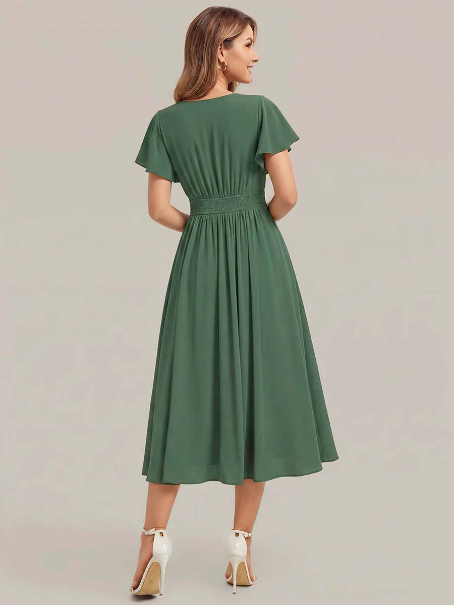 Chiffon Ruffle Sleeve A-Line Wedding Guest Dress #color_Eucalyptus