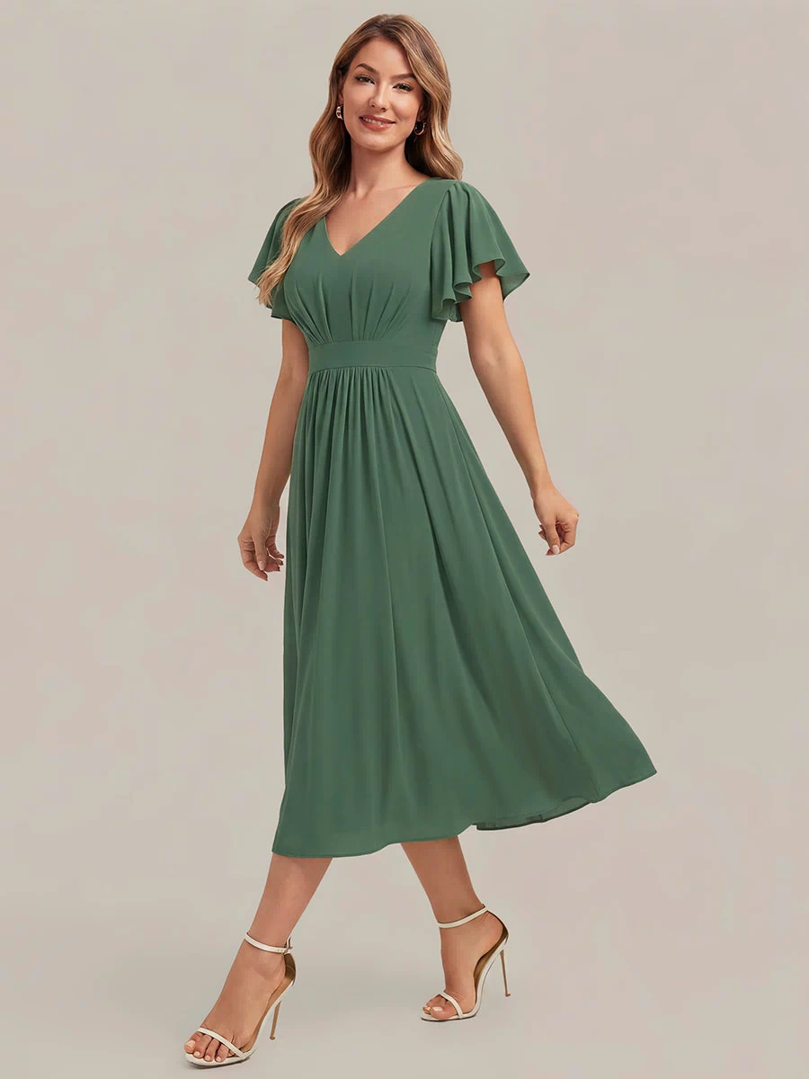 Chiffon Ruffle Sleeve A-Line Wedding Guest Dress #color_Eucalyptus