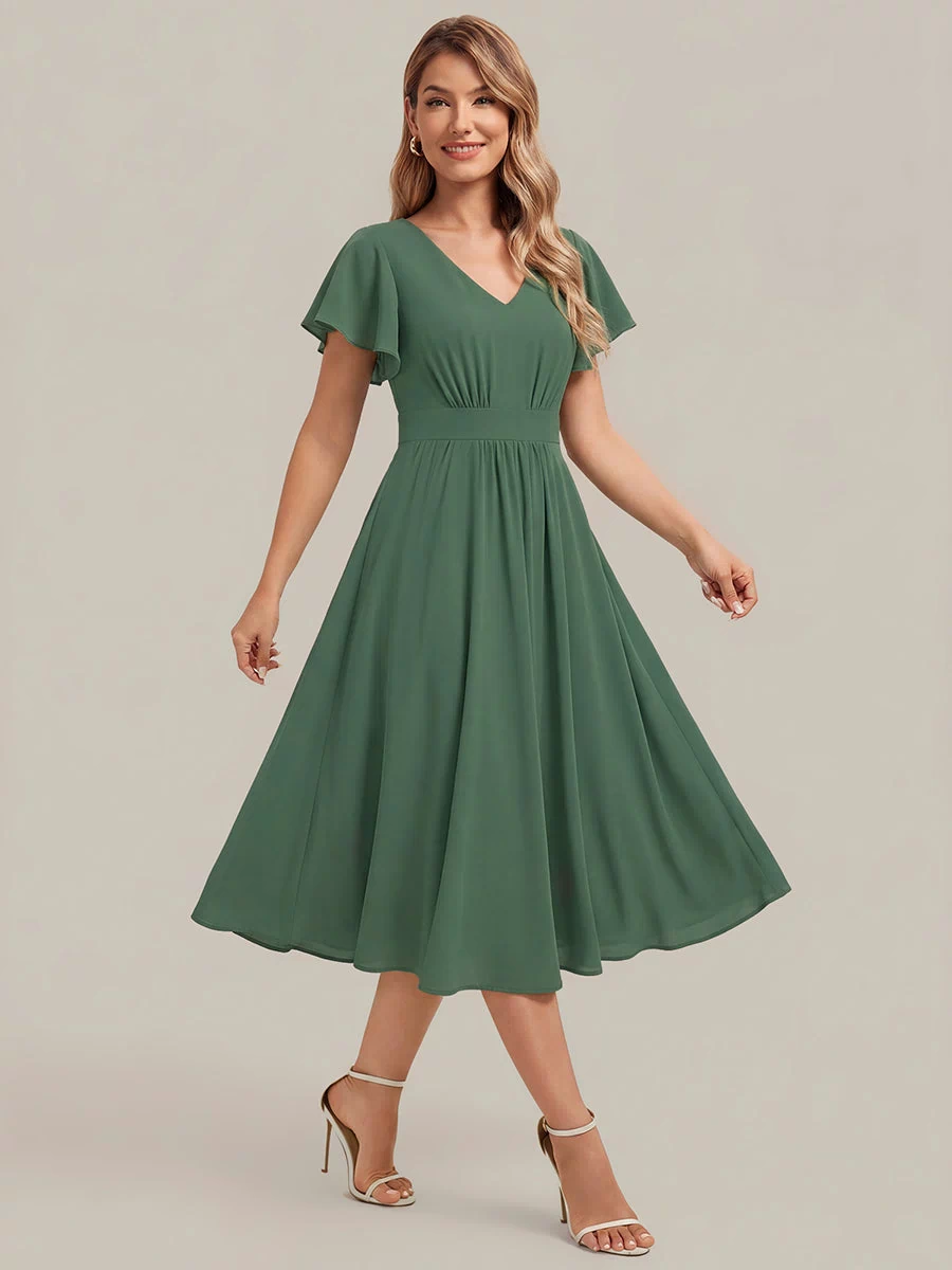 Chiffon Ruffle Sleeve A-Line Wedding Guest Dress #color_Eucalyptus