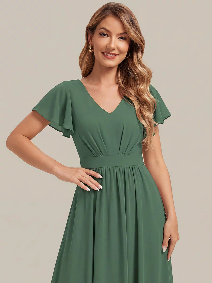 Chiffon Ruffle Sleeve A-Line Wedding Guest Dress #color_Eucalyptus