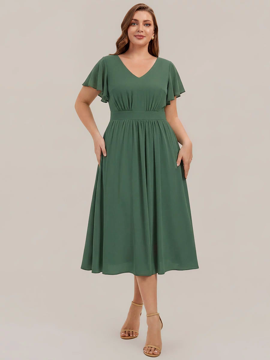 Chiffon Ruffle Sleeve A-Line Wedding Guest Dress #color_Eucalyptus