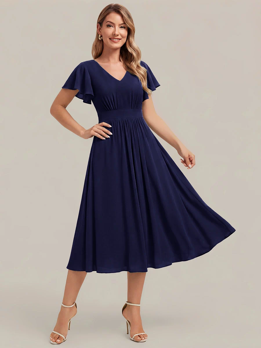 Chiffon Ruffle Sleeve A-Line Wedding Guest Dress #color_Navy Blue