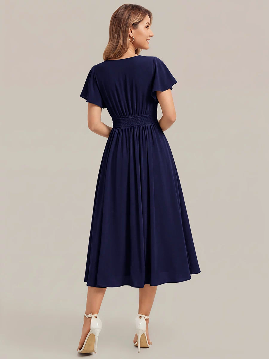 Chiffon Ruffle Sleeve A-Line Wedding Guest Dress #color_Navy Blue