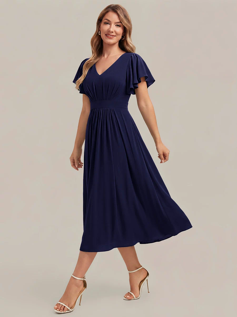 Chiffon Ruffle Sleeve A-Line Wedding Guest Dress #color_Navy Blue