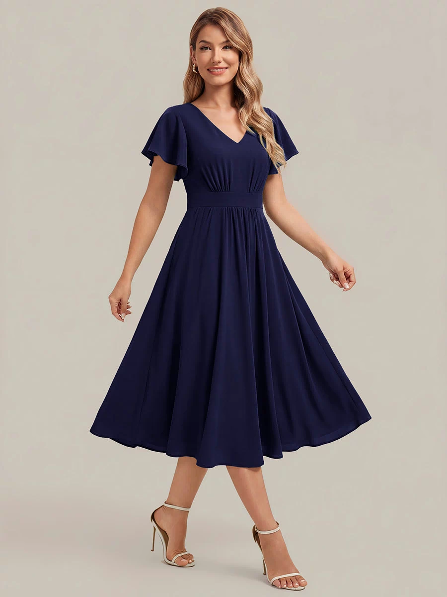Chiffon Ruffle Sleeve A-Line Wedding Guest Dress #color_Navy Blue