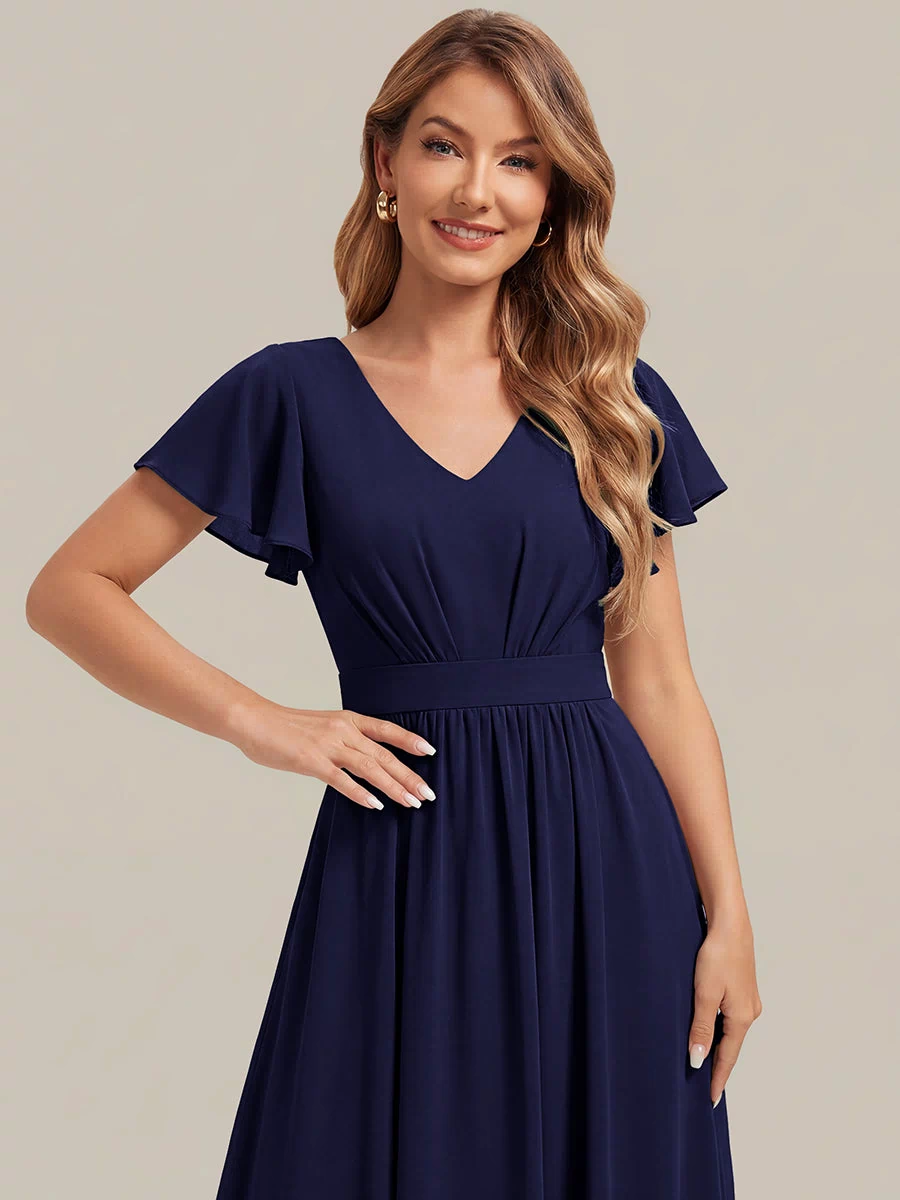 Chiffon Ruffle Sleeve A-Line Wedding Guest Dress #color_Navy Blue