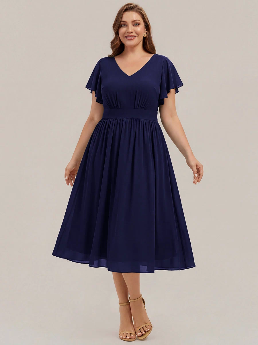 Chiffon Ruffle Sleeve A-Line Wedding Guest Dress #color_Navy Blue