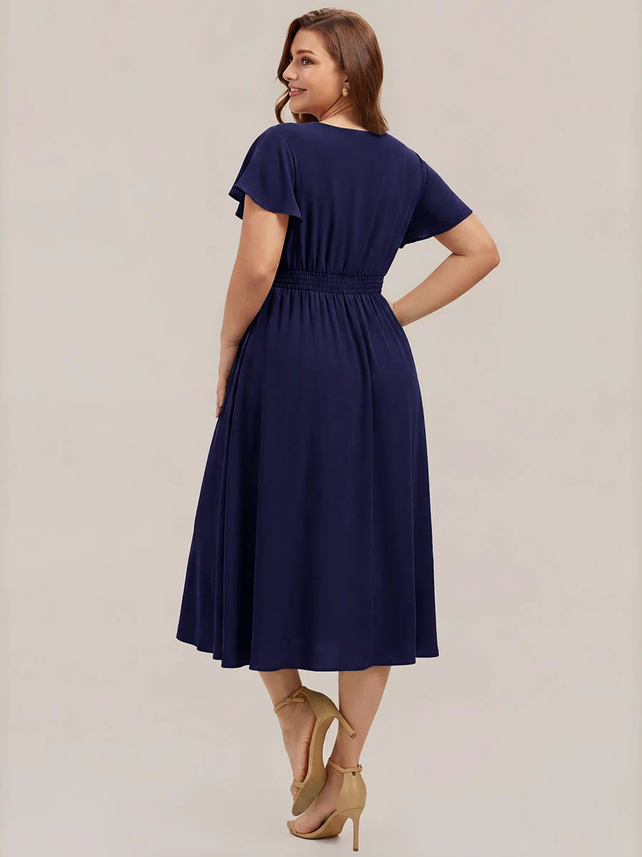 Chiffon Ruffle Sleeve A-Line Wedding Guest Dress #color_Navy Blue