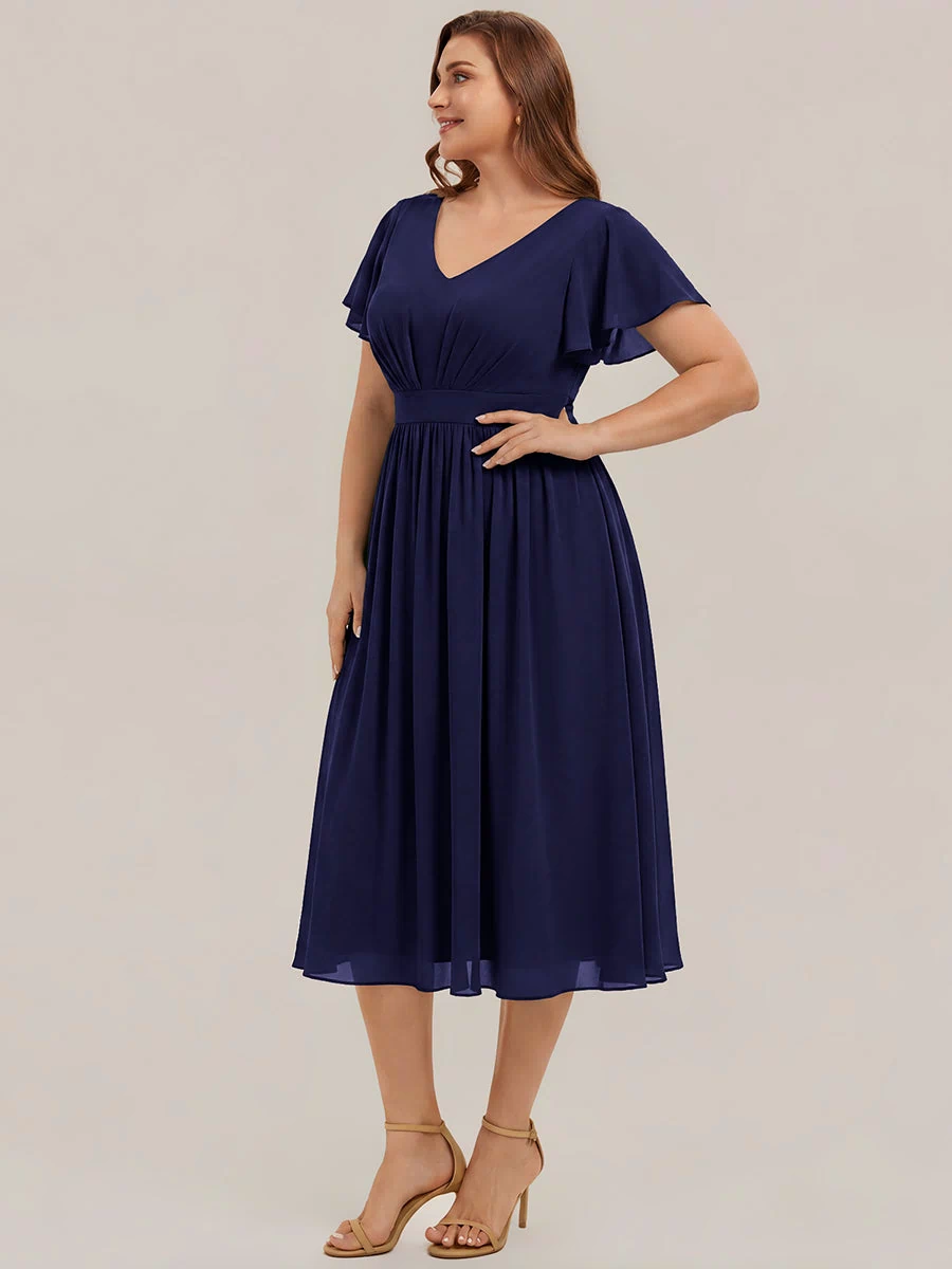 Chiffon Ruffle Sleeve A-Line Wedding Guest Dress #color_Navy Blue