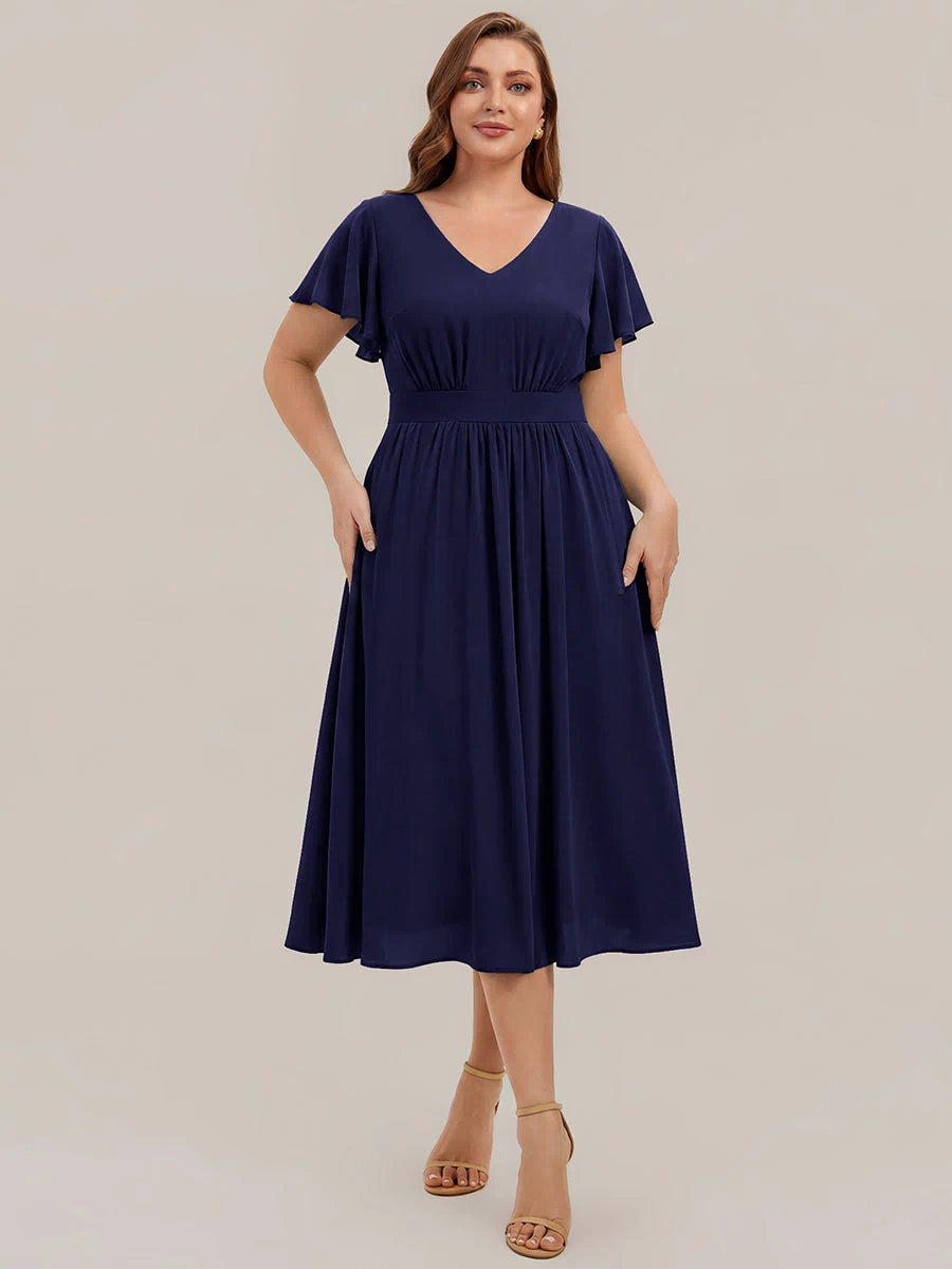 Chiffon Ruffle Sleeve A-Line Wedding Guest Dress #color_Navy Blue